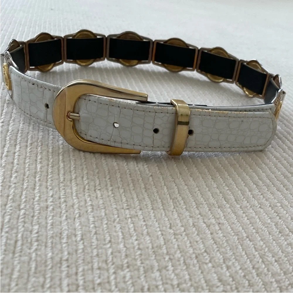 White Leather And Gold Belt With Leopard Medallions
